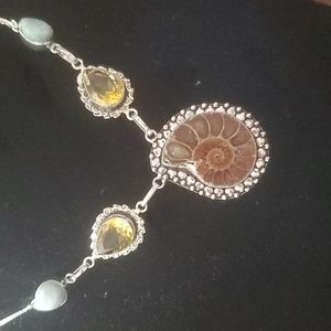 New Ammonite Fossil, Larimar and Citrine 925 Silver Necklace.